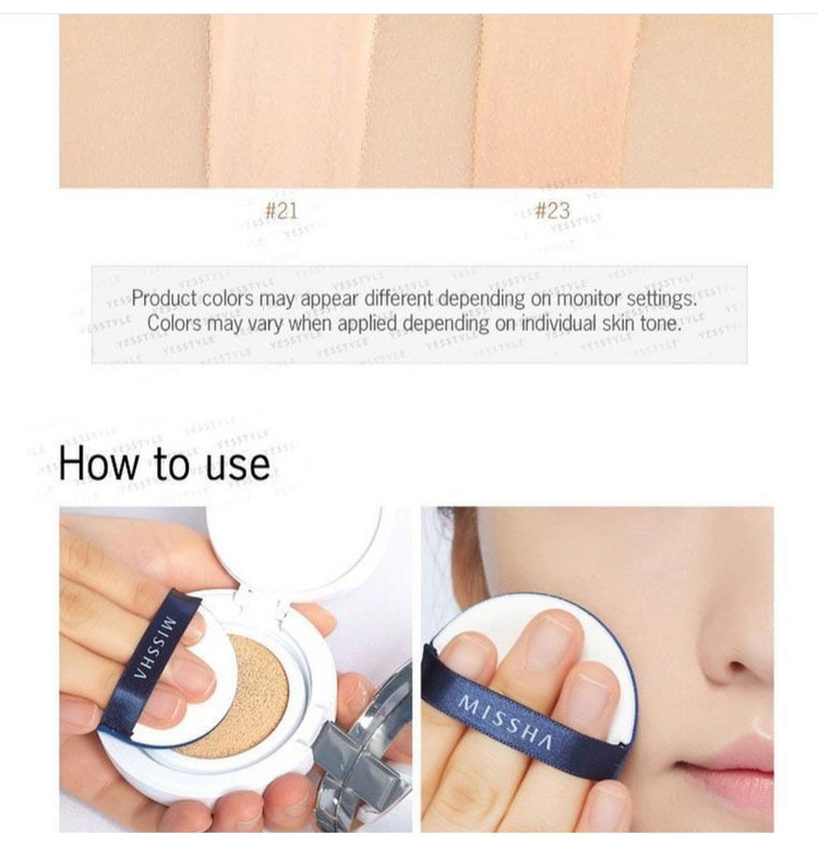 کوشن کره ای اورجینال میشا missha حاوی ضد افتاب ( spf دار ) با خاصیت کاورینگ شماره 21 و 23